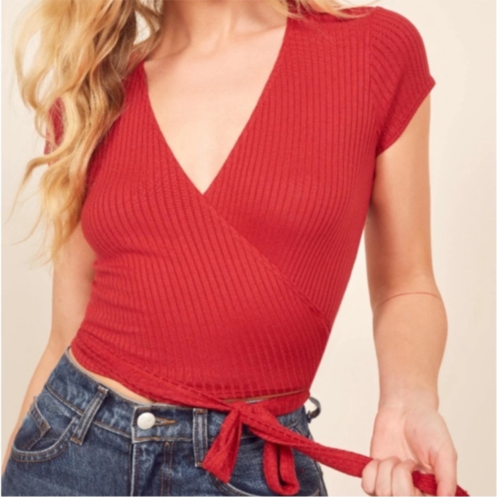 Reformation Flora Red Ribbed Wrap Top
